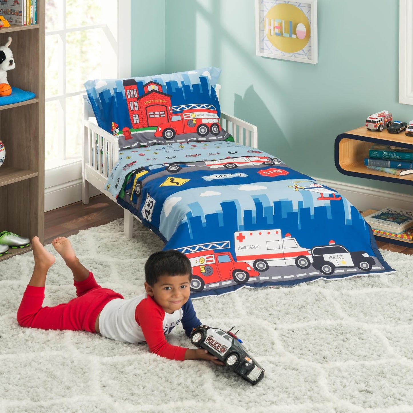 EVERYDAY KIDS 4 Piece Toddler Bedding Set -Fire and Police Rescue- Includes Comforter, Flat Sheet, Fitted Sheet and Reversible Pillowcase