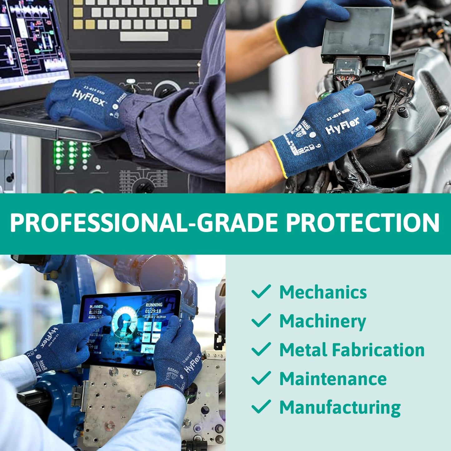 Ansell HyFlex 11-618 Mechanics Gloves, Abrasion-Resistant PU Coating Protective Gloves, Safety Gloves for Precision Handling, Touchscreen Compatible Blue Gloves, Ultra-Thin Work Gloves Large, 12 Pairs