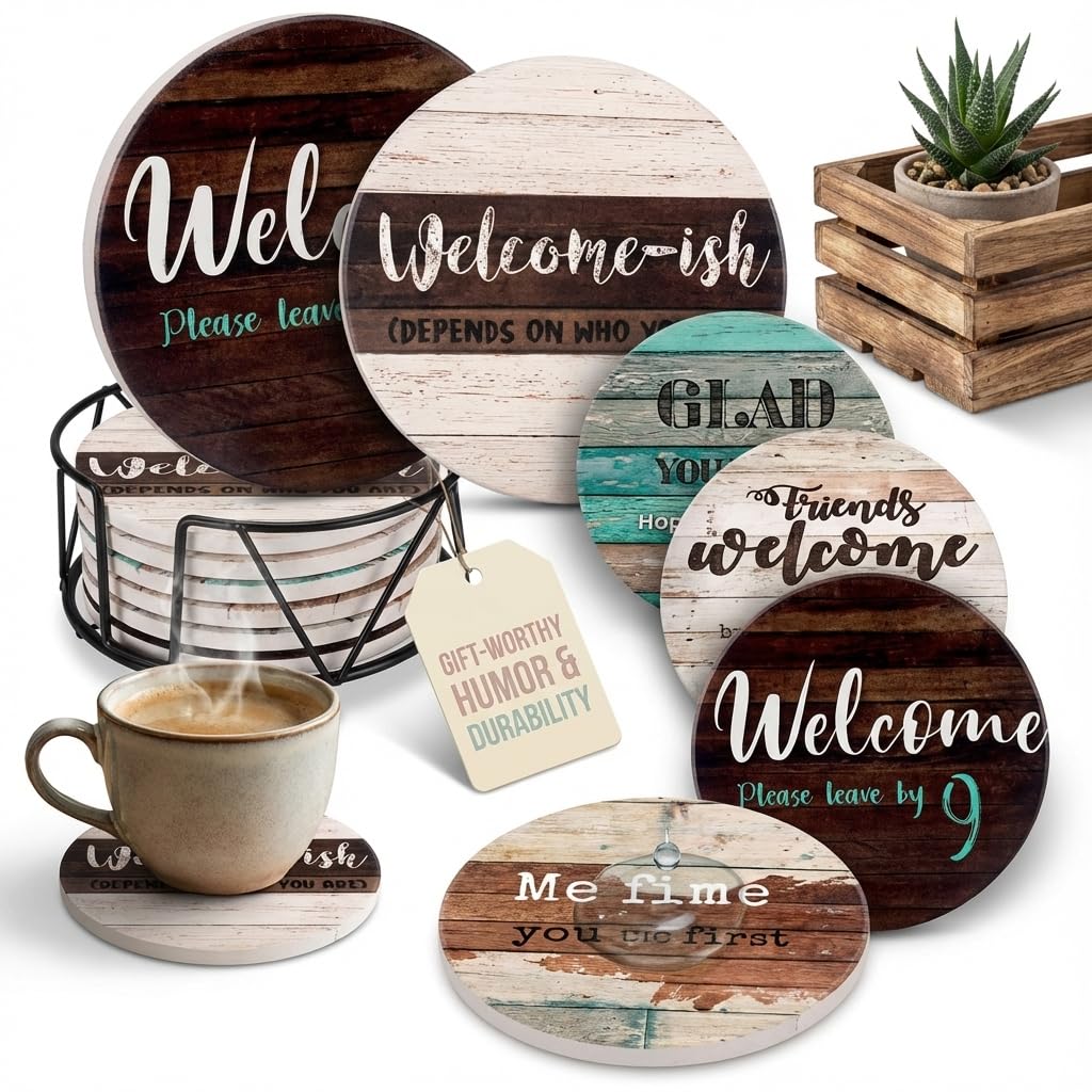 Funny Coasters - House Warming Gifts New Home - Housewarming Gifts for Women, Men, Couple, New Homeowner - Farmhouse Bar Coasters for Drinks with Holder - First Apartment Essentials