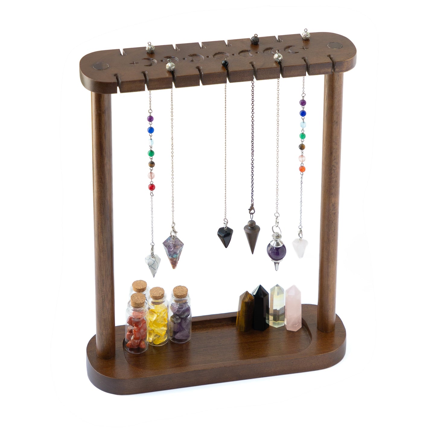 Kihomi Pendulum Display Stand with Tray - Wooden Necklace Stand, Crystal holder for 17 Pendulums and Pendants - Aesthetic Witchy Decor, Witchcraft and Wiccan Supplies for Your Spiritual Space (Brown)