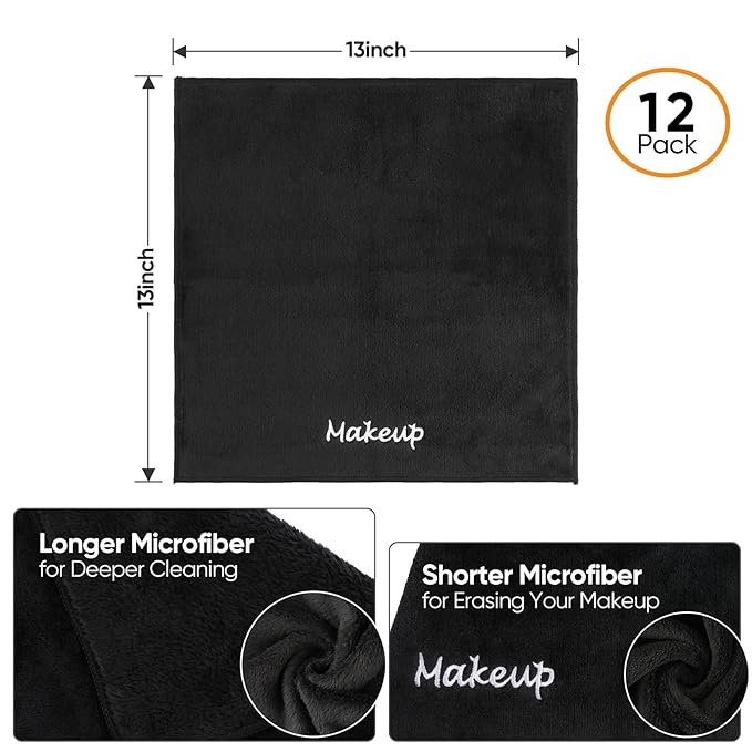 Makeup Remover Cloth, 12 Pack Black Facial Wash Cloths, Soft Coral Fleece