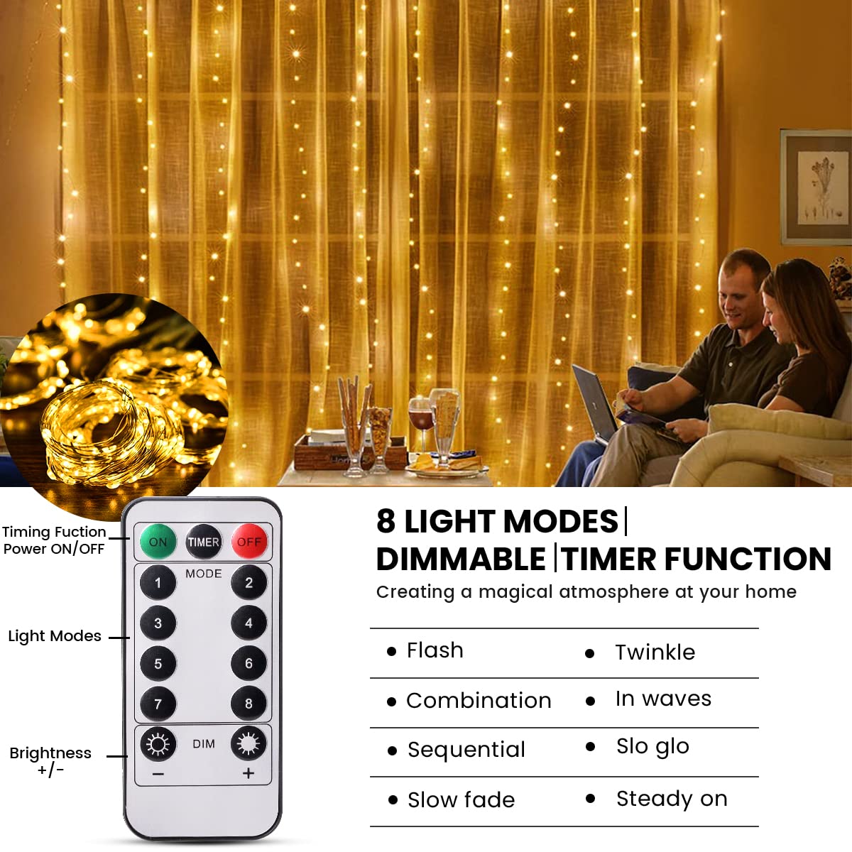 Christmas Curtain Lights 3m x 3m 300 LED, Curtain Fairy Lights Indoor/Outdoor, 8 Modes Remote Window Lights Adjustable Brightness, Curtain Light Warm White for Bedroom, Garden,Party,Christmas