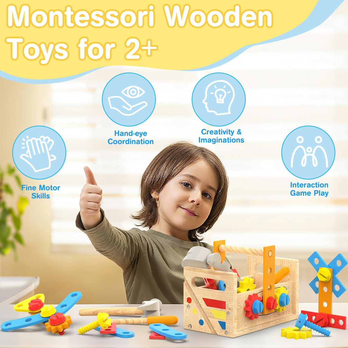 Montessori Toys for 2 Year Old Boy - Wooden Kids Tool Set with Apron