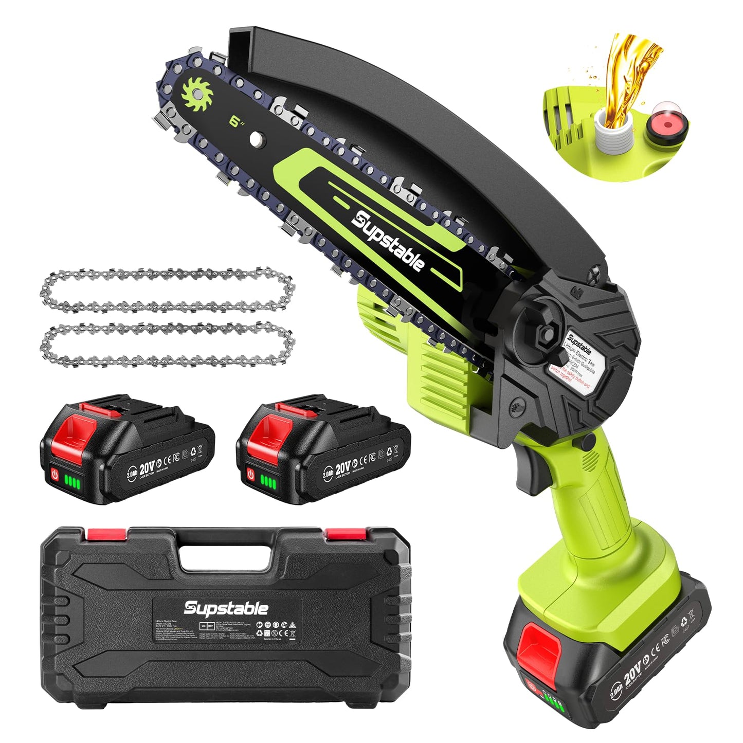 Supstable Mini Chainsaw 6 Inch, Electric Chainsaw Cordless, Battery Powered Chain Saw with Oiler, 2pcs 2000mAh Batteries, Small Handheld Garden Saws for Tree Branch Wood Cutting, Gifts for Men Women