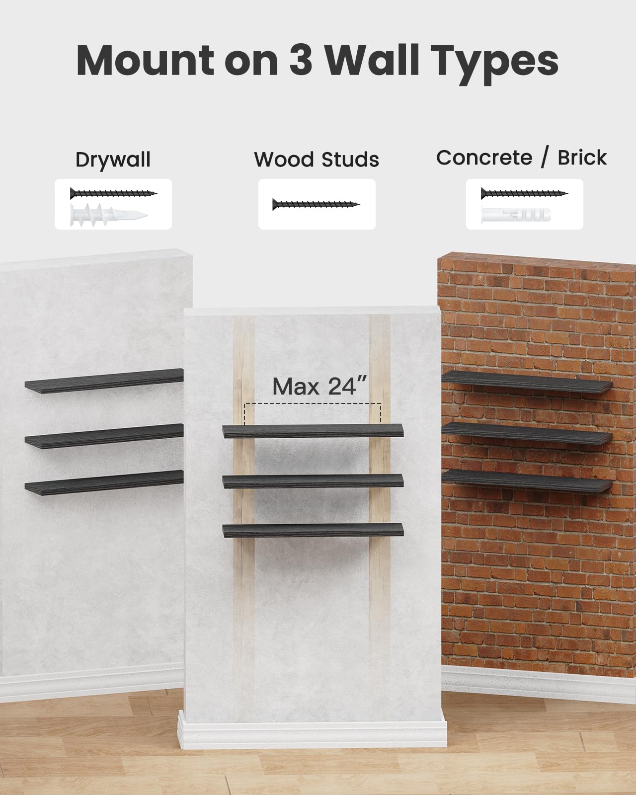 AMADA HOMEFURNISHING Floating Shelves, Wall Shelves for Living Room, Bedroom, Bathroom, Kitchen & Home Office Organization, Bathroom Shelves with Hidden Brackets, 22 lbs Max Load, Black, AMFS45B
