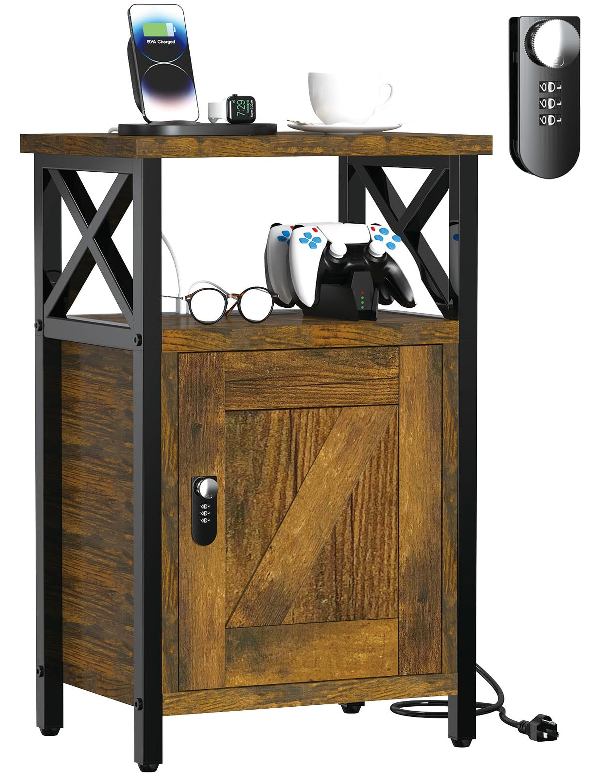 runjuly Wooden Nightstand with Lock, Bedside Table with Drawer, Bed Side Table with Charging Station, 3 USB & 2 Outlets, Night Stand with Storage Cabinet, End Table for Bedroom, Brown