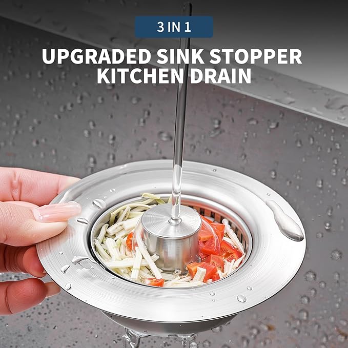 2 Pack – 3-in-1 Kitchen Sink Drain Strainer Stopper, 304 Stainless Steel Pop Up