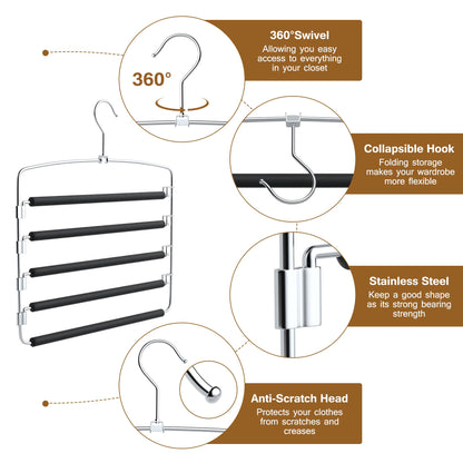 Cycleacc Pants Hangers Space Saving, 2 Pack Anti-Slip Space Saving Hangers, 5 Layer Swing Arm Pants Hanger Stainless Steel with Non-Slip Padding, Closet Organizers & Storage for Pants Trousers Jeans