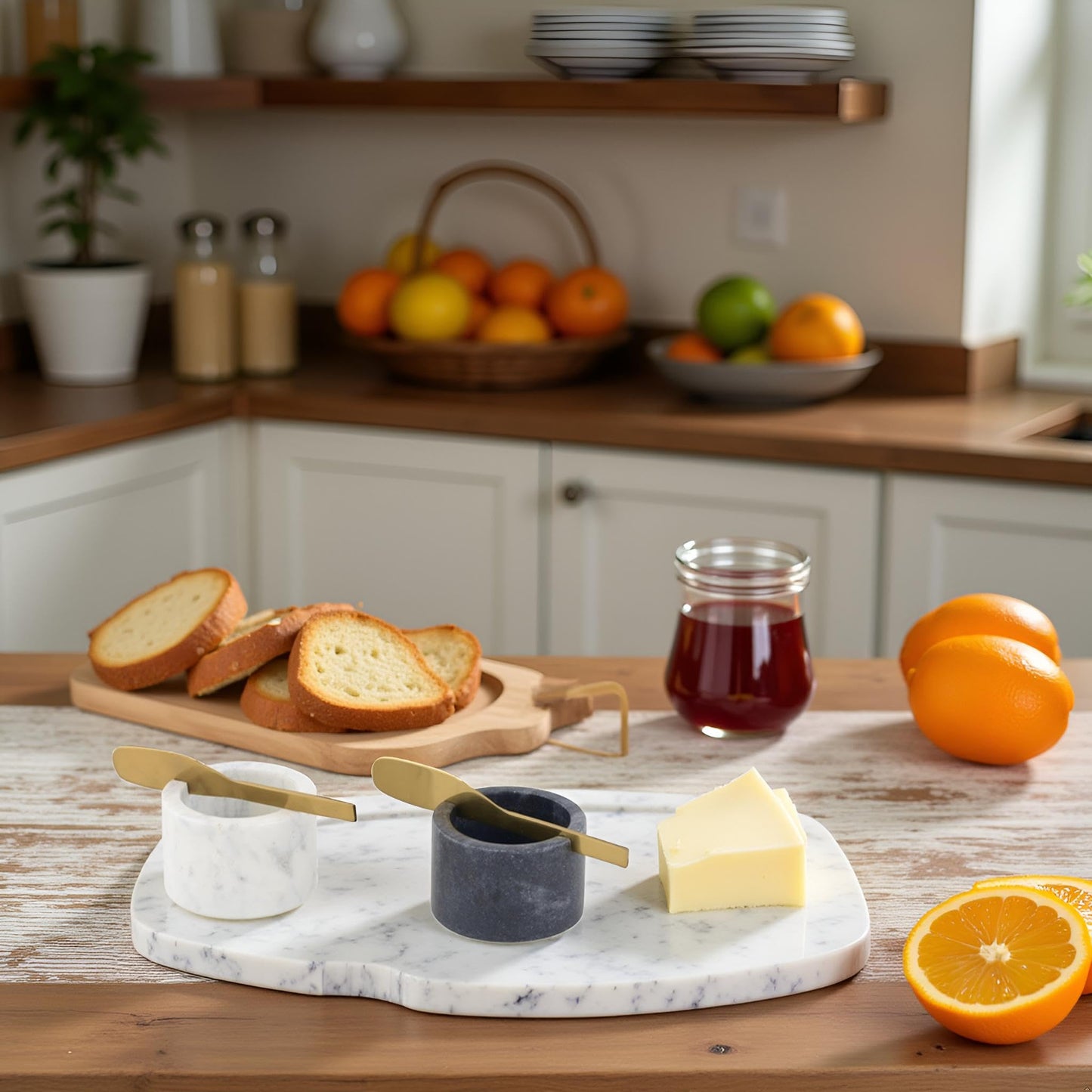 Cruiser’s Caché | Butter and Jam Serving Crocks with Gold Knifes | One each White and Gray Marble | For Serving Butter, Jams, Condiments, and Spreads