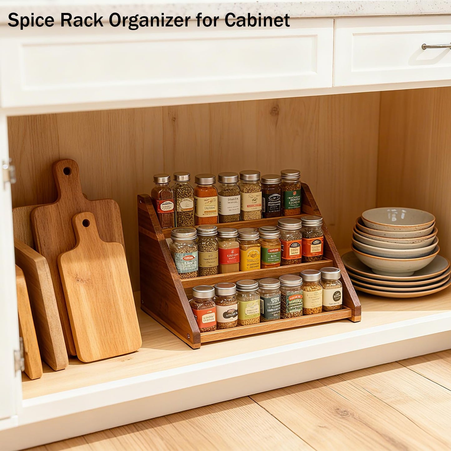 Arflo Acacia Wooden Spice Rack for Countertop - 3 Tiered Spice Rack Organizer for Cabinet - Kitchen Spices Organizers Holds 21 Jars - Spices Shelf for Kitchen Storage Pantry Seasoning Organizer