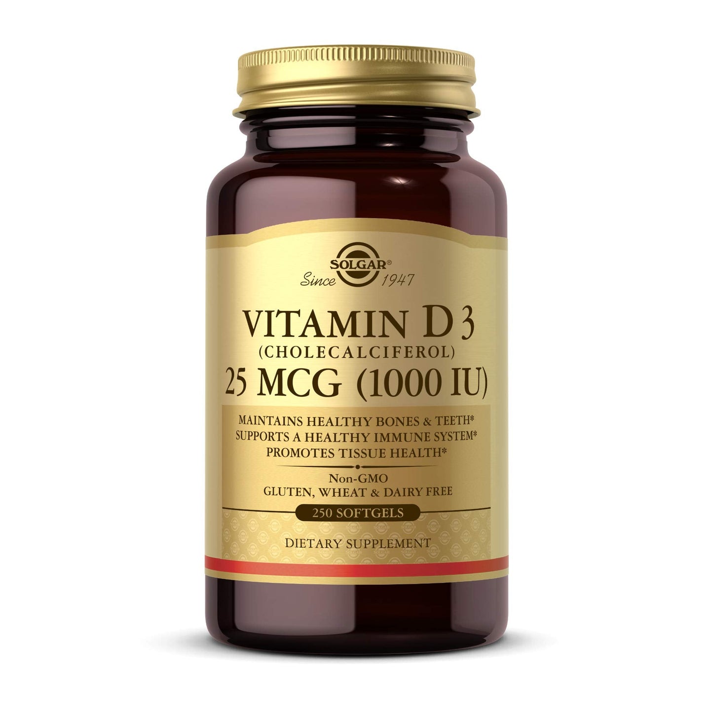 Solgar Vitamin D3 1000 IU (25 µg) Softgels - Pack of 250 - Healthy Bones and Teeth - Supports Immunity and Muscle Function - Gluten Free