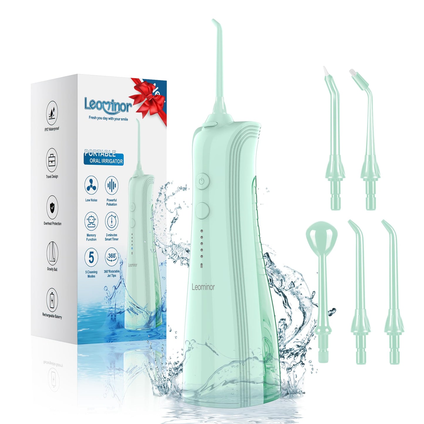 Leominor Water Dental Flosser - 5 Modes Cordless Portable Oral Irrigator, IPX7 Waterproof, Rechargeable Teeth Cleaner Upgrade Datchable Tank Professional Flossing Cleaning Pick for Home Travel (Black)
