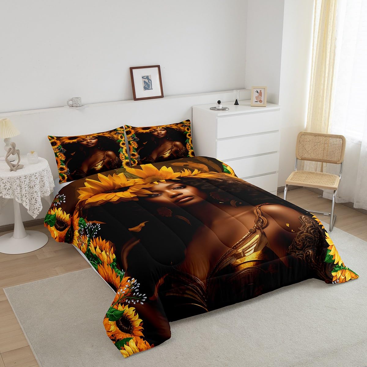Homewish Black Woman Girls Comforter Set Queen Size,Romantic Sunflower Floral Bedding Set 3Pcs for Kids Teens Boys Adult Room Decor,Africa American Quilt Set Nature Exotic Duvet Insert,2 Pillowcases