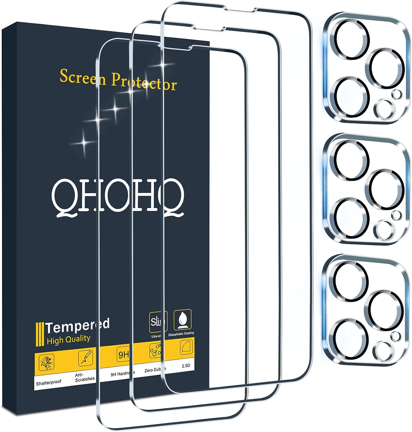 QHOHQ 3 Pack Screen Protector for iPhone 13 Pro Max 6.7" with 3 Pack Tempered Glass Camera Lens Protector, Ultra HD, 9H Hardness, Scratch Resistant, Easy Install - Case Friendly