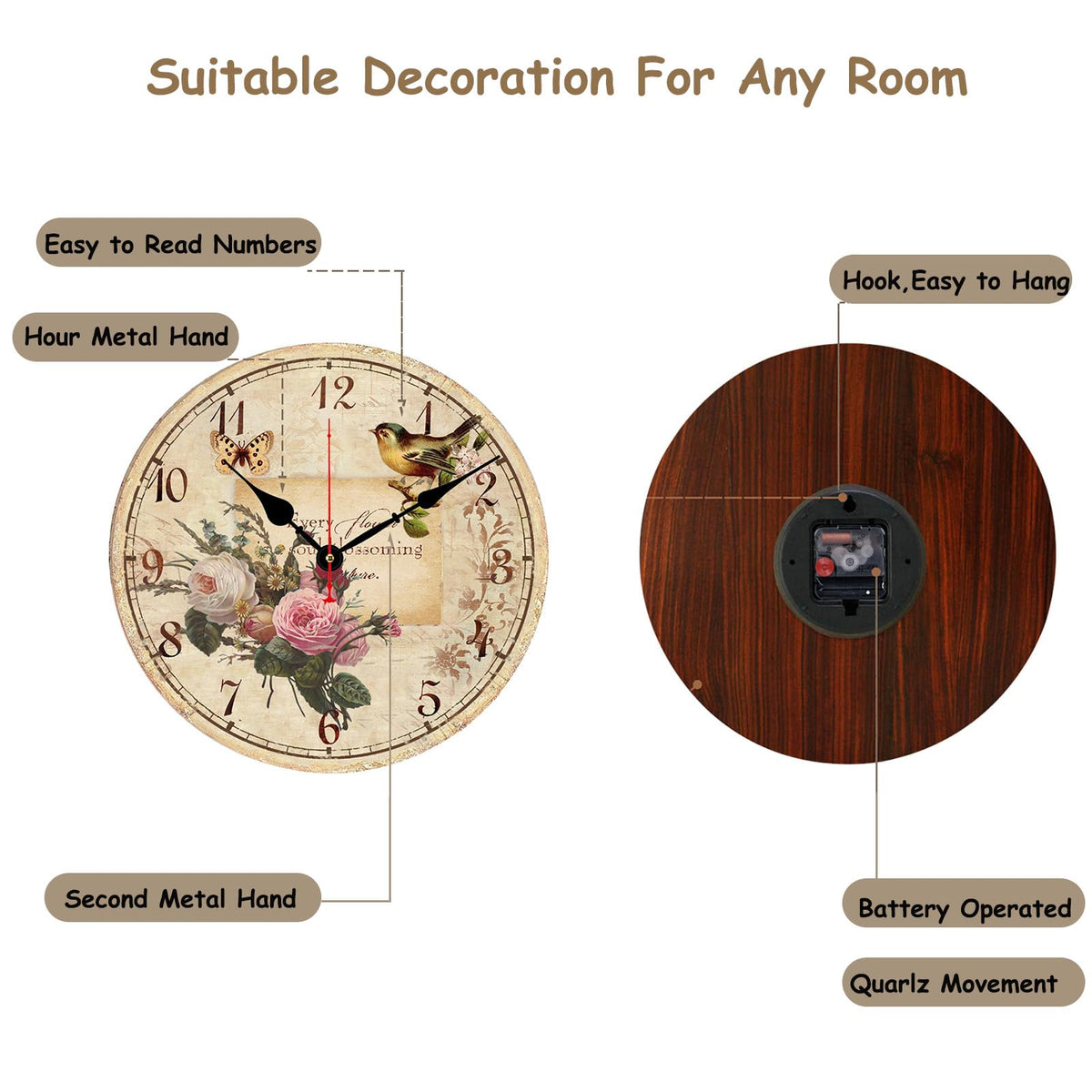 12 Inch Silent Wall Clock Battery Operated Vintage Wooden Round Non-Ticking