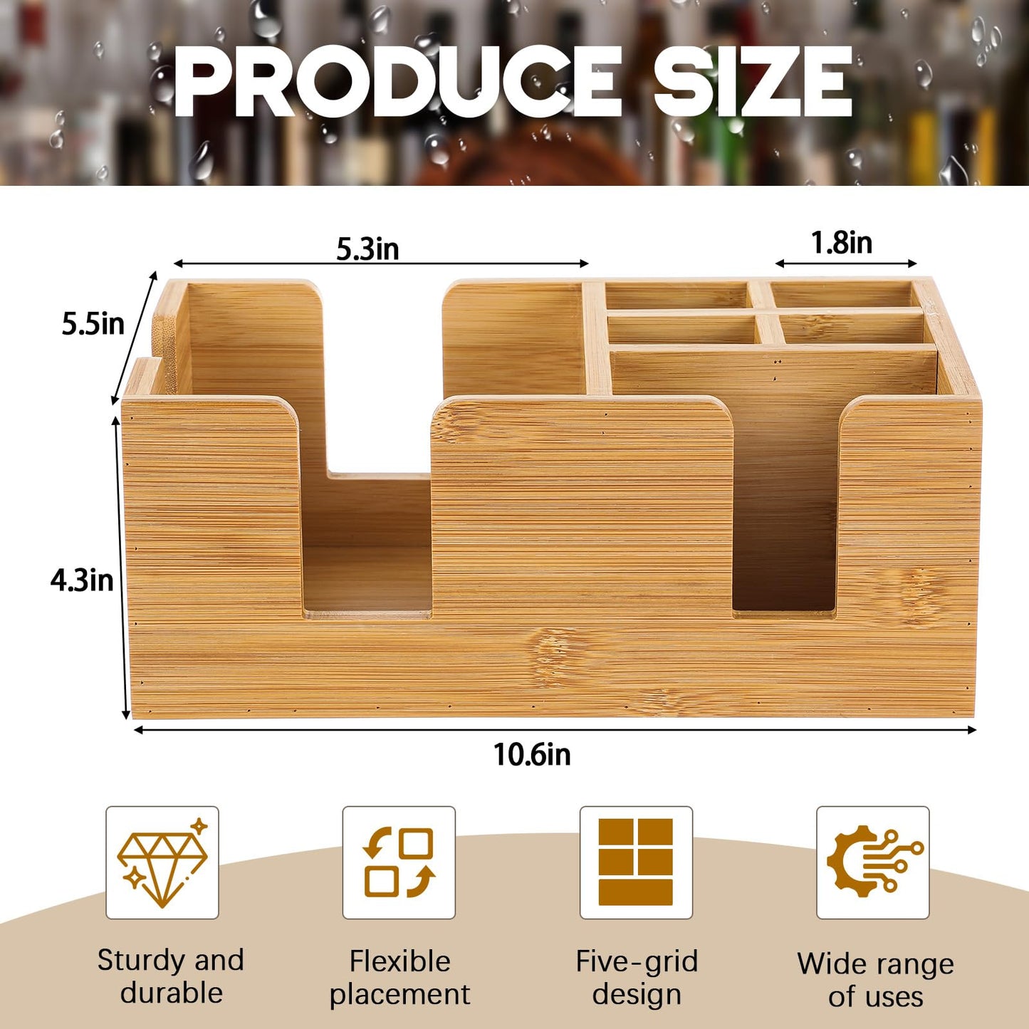 Mifoci Wooden Bar Caddy with 6 Compartments, Bamboo Bar Caddy Napkin & Straw Holder Organizer Cocktail Napkin Holder Condiments for Home Office Kitchen Countertop (Natural, 10.6 L x 5.5 W)