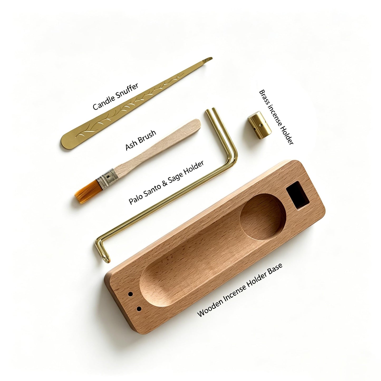 4 in 1 Incense Holder Suit with Wooden Base and Brass Holder, for Burning Palo Santo, Sage Sticks, Holy Wood, Multi-Functional with Ash Catcher and Tealight Candle Holder