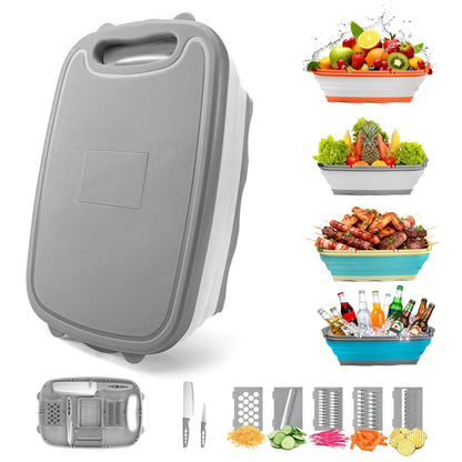 Gintan Camping Cutting Board, 9-in-1 Collapsible Chopping Board with Colander, Kitchen Vegetable Washing Basket for Camping, Camping Gifts Camping Accessories for RV Campers (Gray)