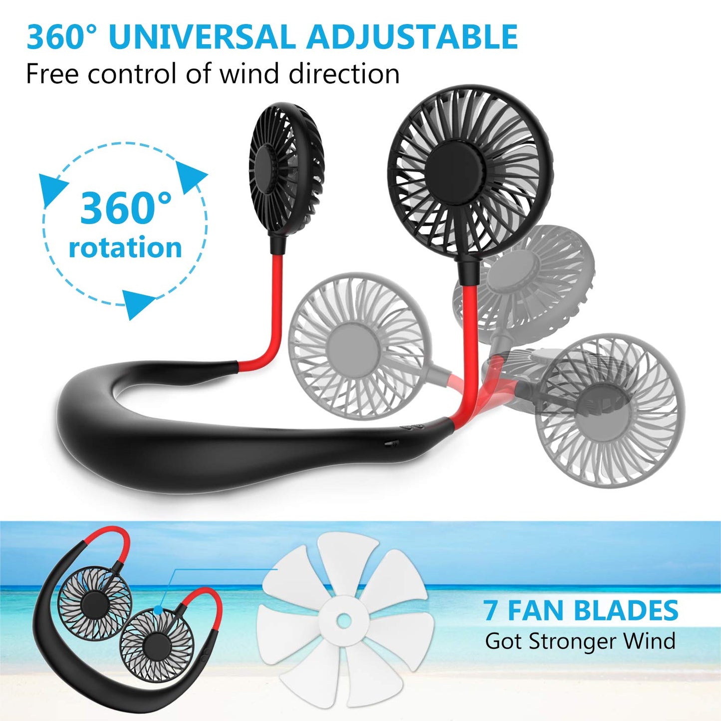 Portable Neck Fan, Handsfree Mini USB Neck Fan Rechargeable Wearable Neckband Fan, Desk Fan, Necklace Fan with Dual Wind Head 3 Speeds LED Light for Traveling Sport Outdoor Camping Office (Black)