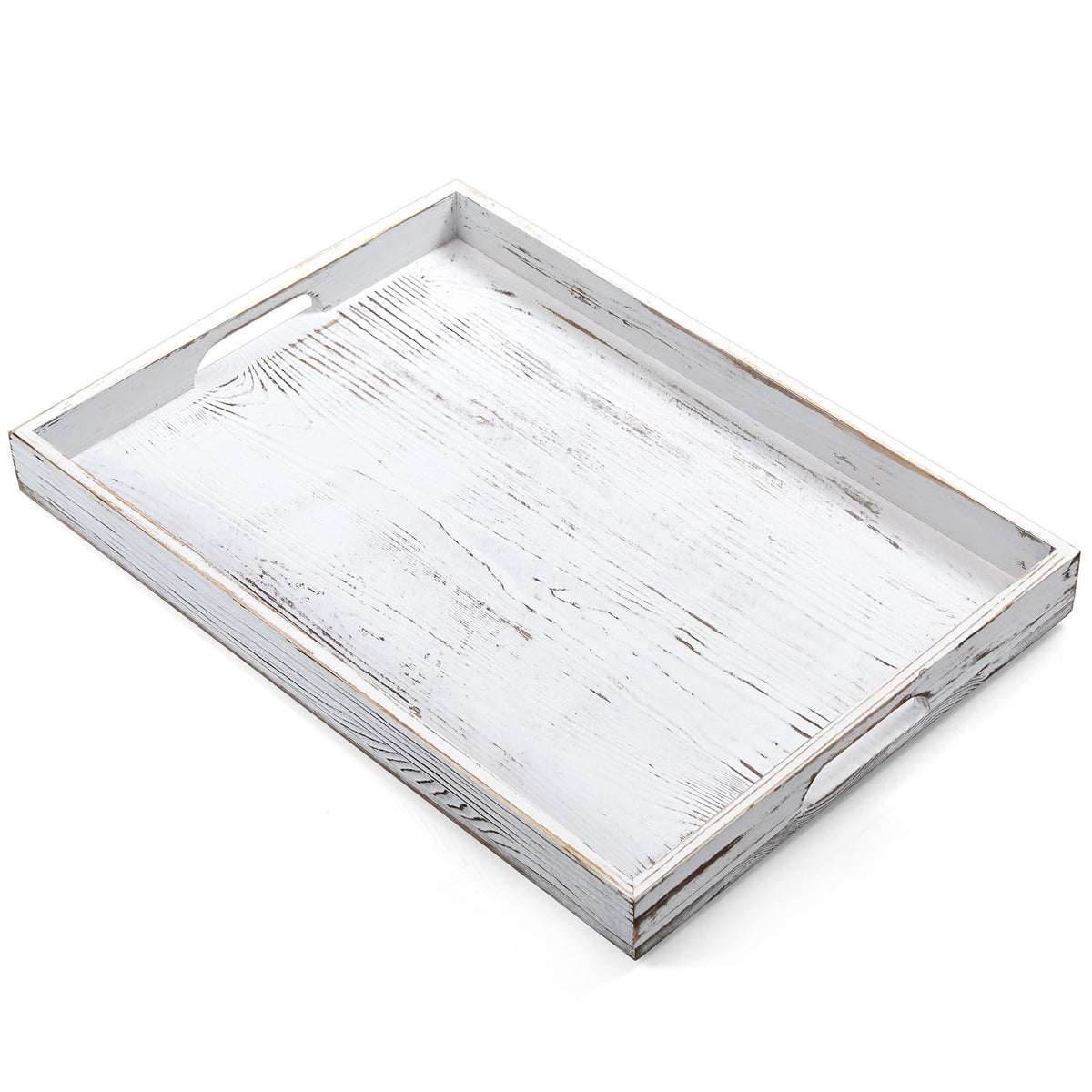 17 Inch Rustic White Serving Tray with Handles - Large Wooden Tray for Ottoman, Breakfast in Bed, Dinner, Coffee Table - Decorative Rectangular Tray for Living Room Bedroom Entryway and Kitchen Decor