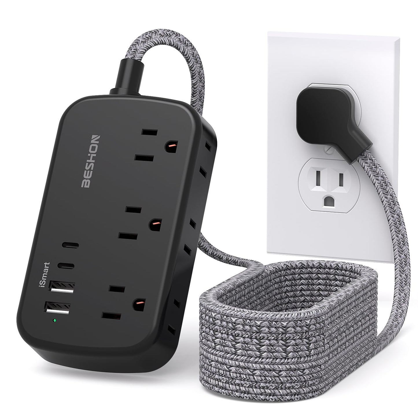Flat Extension Cord, BESHON 5FT Flat Plug Power Strip with USB C, 6 Outlets 4 USB Port(2 USB C), No Surge Protector, Cruise Ship, Dorm Room Travel Essentials
