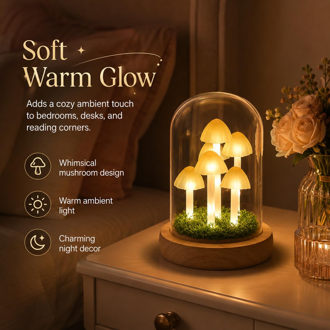 QUELIEN Mushroom Lamp in Glass Dome,Mushroom Gifts for Women - Warm White LED Night Light for Bedroom Decor,Birthday Party Decorations,Ideal Birthday Gift Valentines Gift
