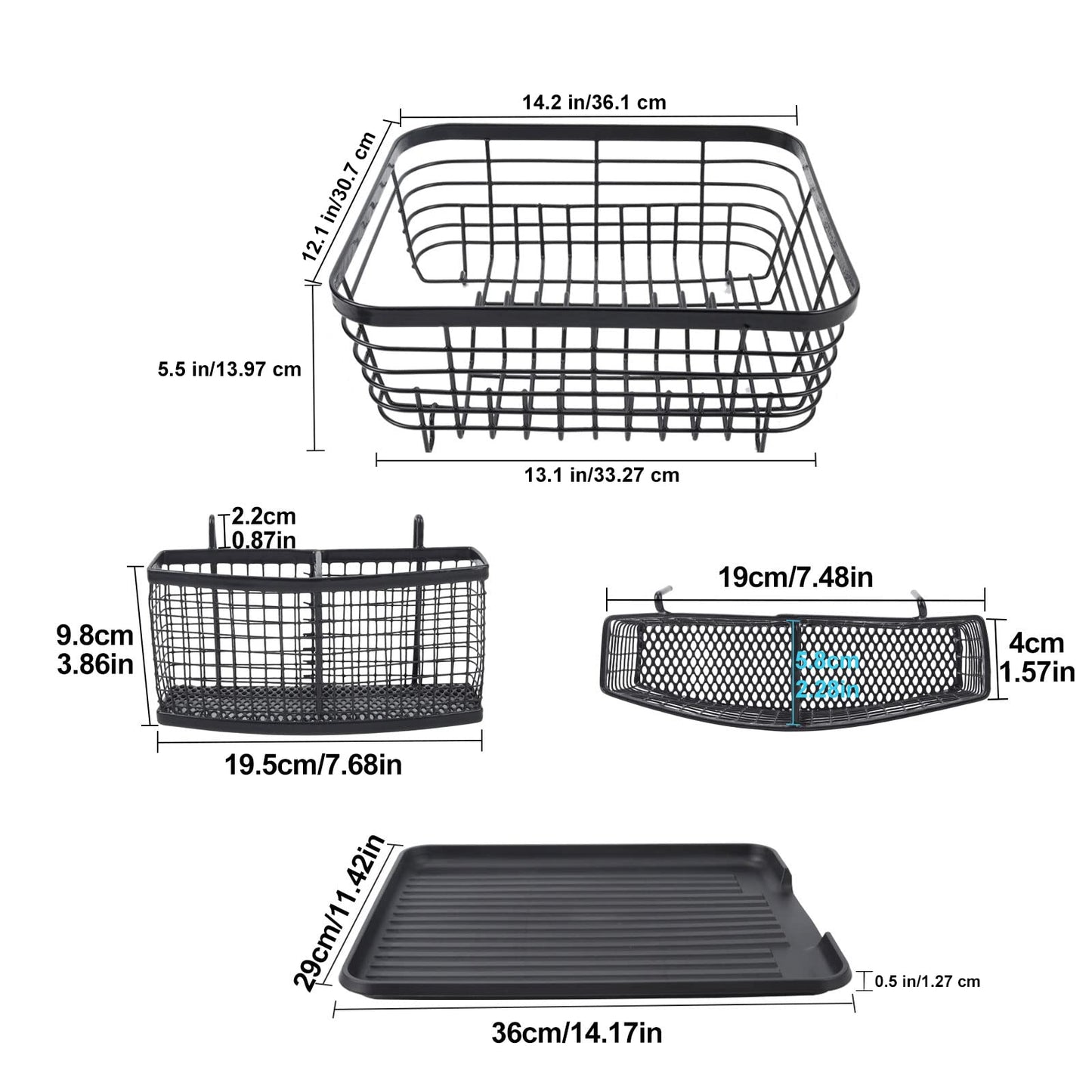 (Black) - ESYLIFE Kitchen Dish Drainer Drying Rack with Drip Tray and Full-Mesh Silverware Storage Basket, Black