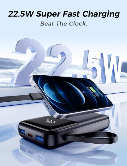 Power Bank, 15000mAh Portable Charger with Built in Cable, 22.5W Fast Charging, 6 Outputs, Slim Travel Essential Battery Pack with LED Display, Compatible with iPhone 17/16/15/14/13, Samsung, iPad