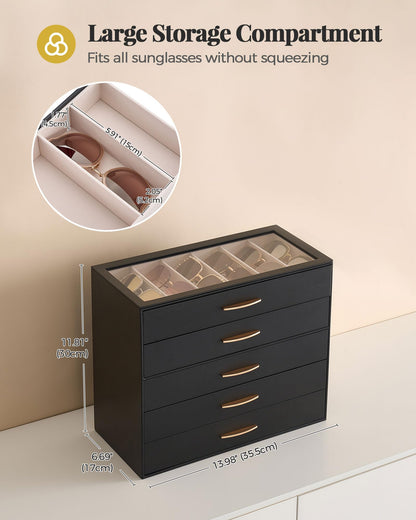 Lolalet 30 Slots Sunglasses Organizer Case for Women, 5-Layer Eyeglass Storage Holder Display Box with Clear Top Lid -Black