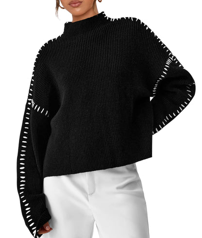 PRETTYGARDEN Women's Chunky Knit Sweaters 2025 Fall Long Sleeve Mock Neck Oversized Pullover Tops Winter Fashion Clothes (Black,Medium)