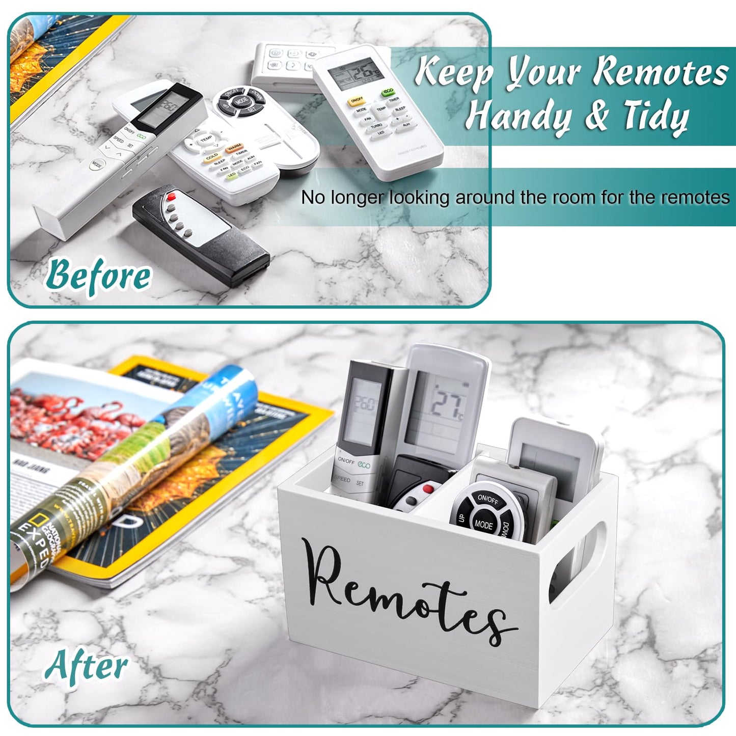 DRASTAR Remote Control Holder, Wood TV Remote Holder, Remote Storage Caddy, Remote Control Organizer (White, 2 Slots)