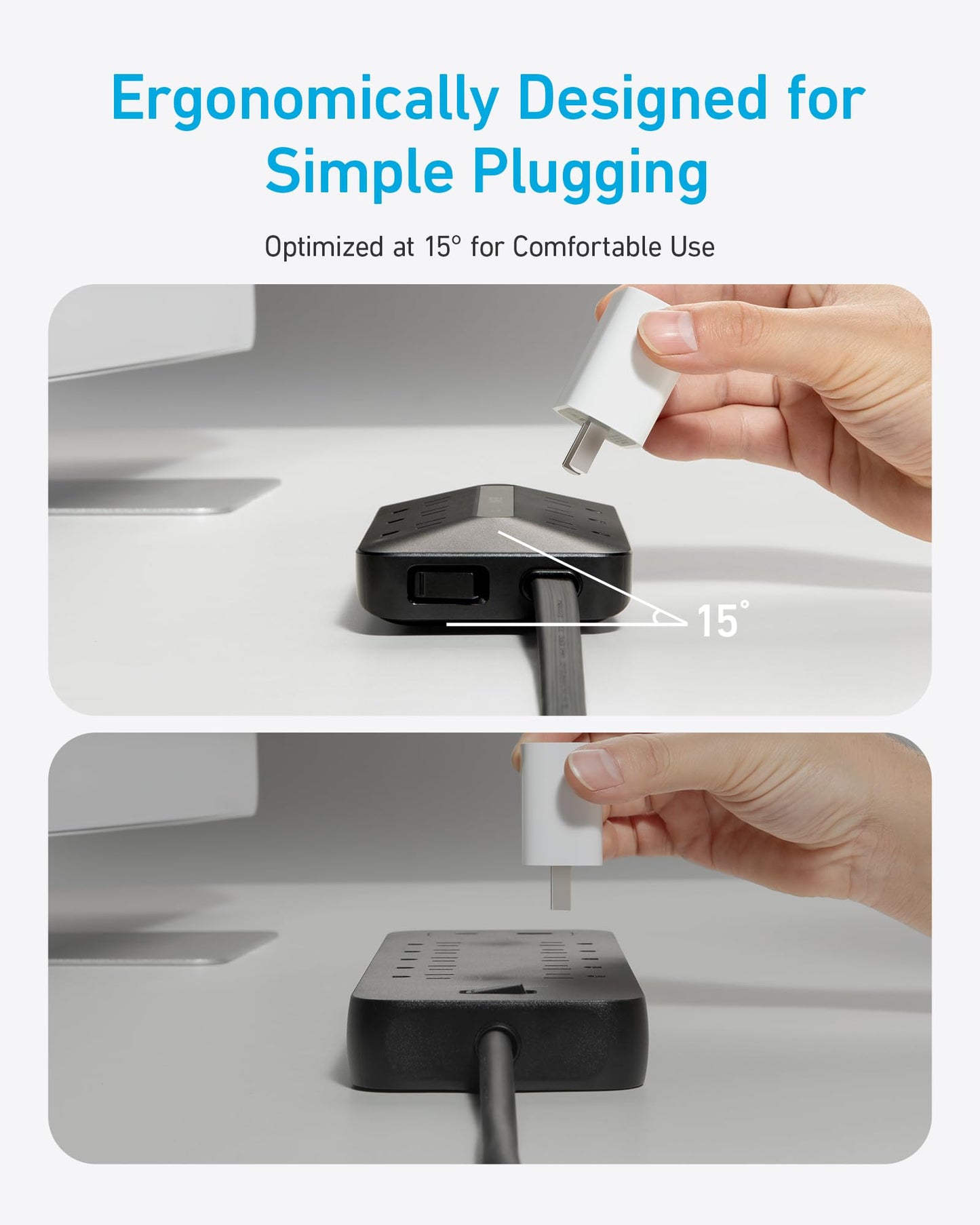 Anker 300J Flat Plug 10-in-1 Ultra Thin Power Strip with 6 AC, 2 USB-A & 2 USB-C Ports, Extension Cord, Desk Charging Station for Home, Office, College, Dorm, 5 Feet, Black