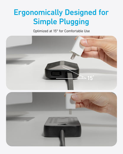Anker 300J Flat Plug 10-in-1 Ultra Thin Power Strip with 6 AC, 2 USB-A & 2 USB-C Ports, Extension Cord, Desk Charging Station for Home, Office, College, Dorm, 5 Feet, Black