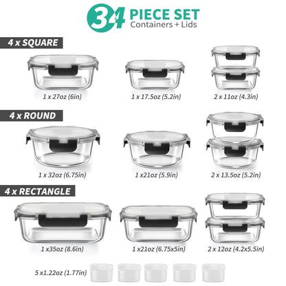 34pcs Glass Food Storage Containers with Lids Set, Airtight Glass Meal Prep Containers (17 Containers & 17 Lids), Leak Proof Lunch Container BPA-Free, Microwave, Oven, Freezer, Dishwasher Safe-Black