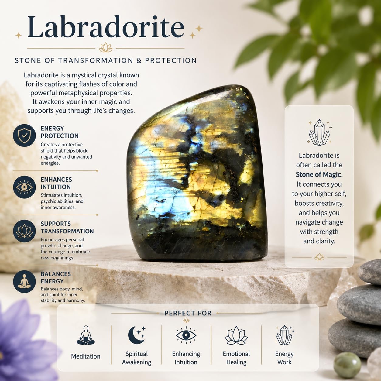 Wemeki Natural Labradorite Stone, Polished Blue Labradorite Crystal Stone, Healing Crystal Labradorite Gemstone for Home Decor, Meditation, Crystal Collection (0.6-0.9 LB)