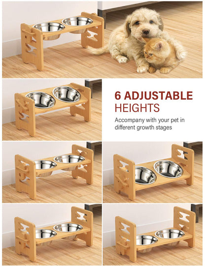 Vantic Raised Dog Bowls with Stand, 6 Heights Adjustable Bamboo Dog Feeding Station with 2 Stainless Steel Bowls, 17cm High