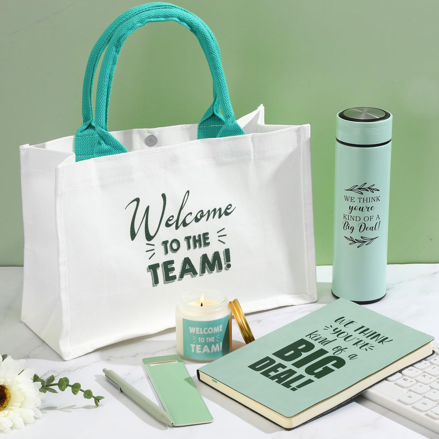 Thenshop 6 Pcs Welcome to the Team Gift Set, New Employee Welcome Gifts Including Tote Bag, Notebook, Pen, Scented Candle, Tumbler, and Pen Cover for Men Women New Employees, Coworkers(Sage Green)