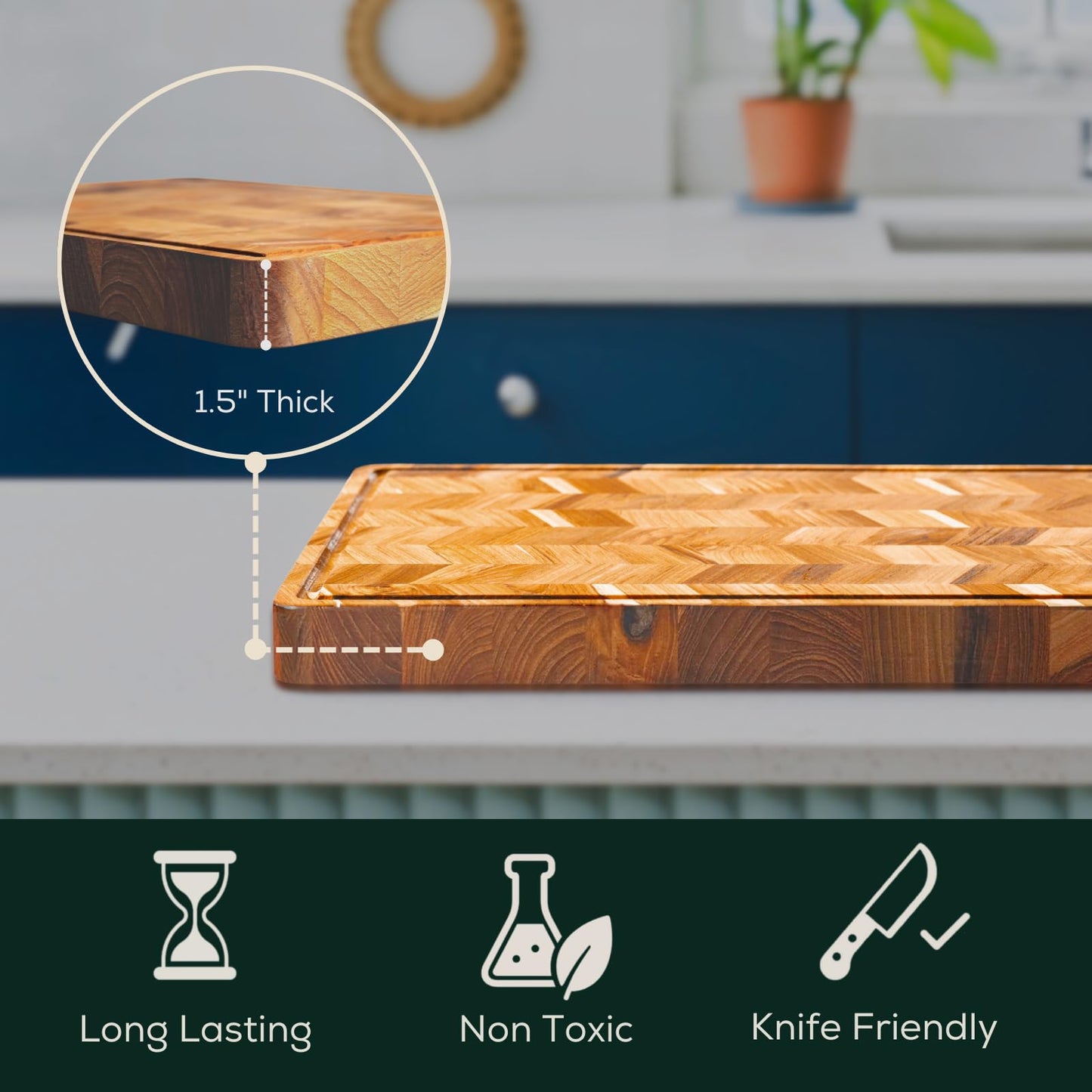 EZ FURNITURE Extra Large (XL) Teak Edge Grain Cutting Board, Reversible, Knife-Friendly Charcuterie Butcher Block, Juice Groove & Handles, Non-Toxic, Gift Box Included (Herringbone, 24" x 18" x 1.5")