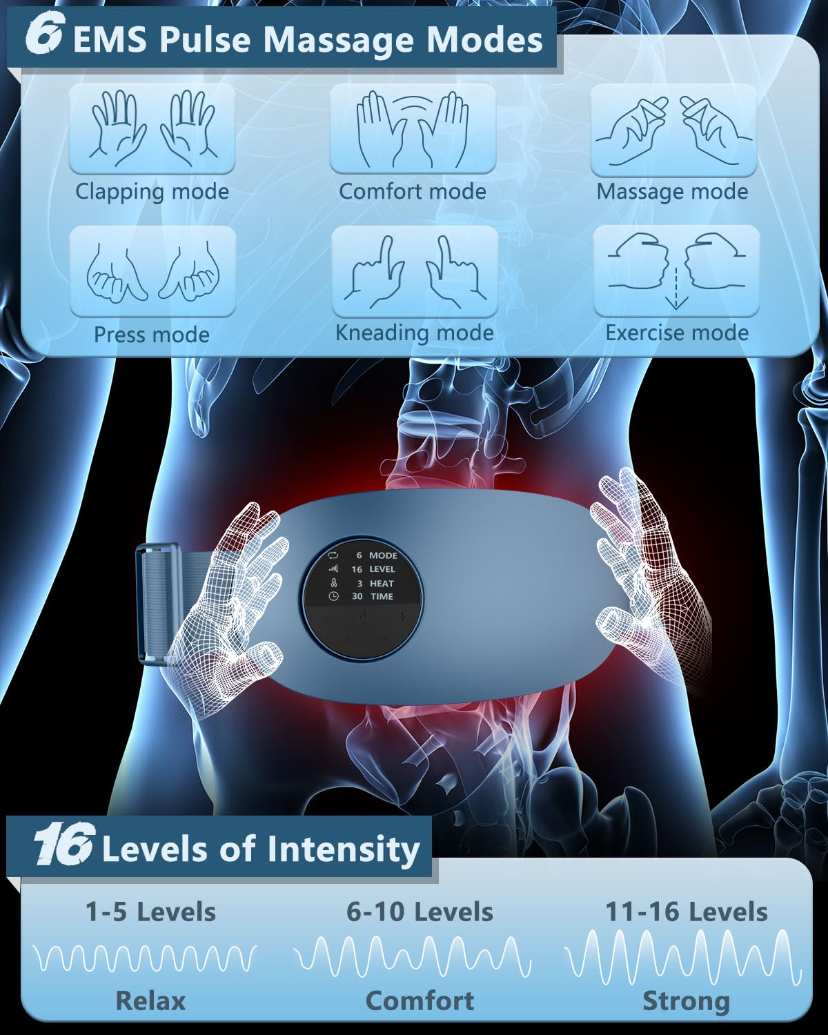 FWV Back Massager with Heat,Portable Cordless Heating Pad for Back Pain Relief Deep Tissue,Heated Lower Massager with 6 Modes&16 Levels,USB Heat Back Massage Tool Blue