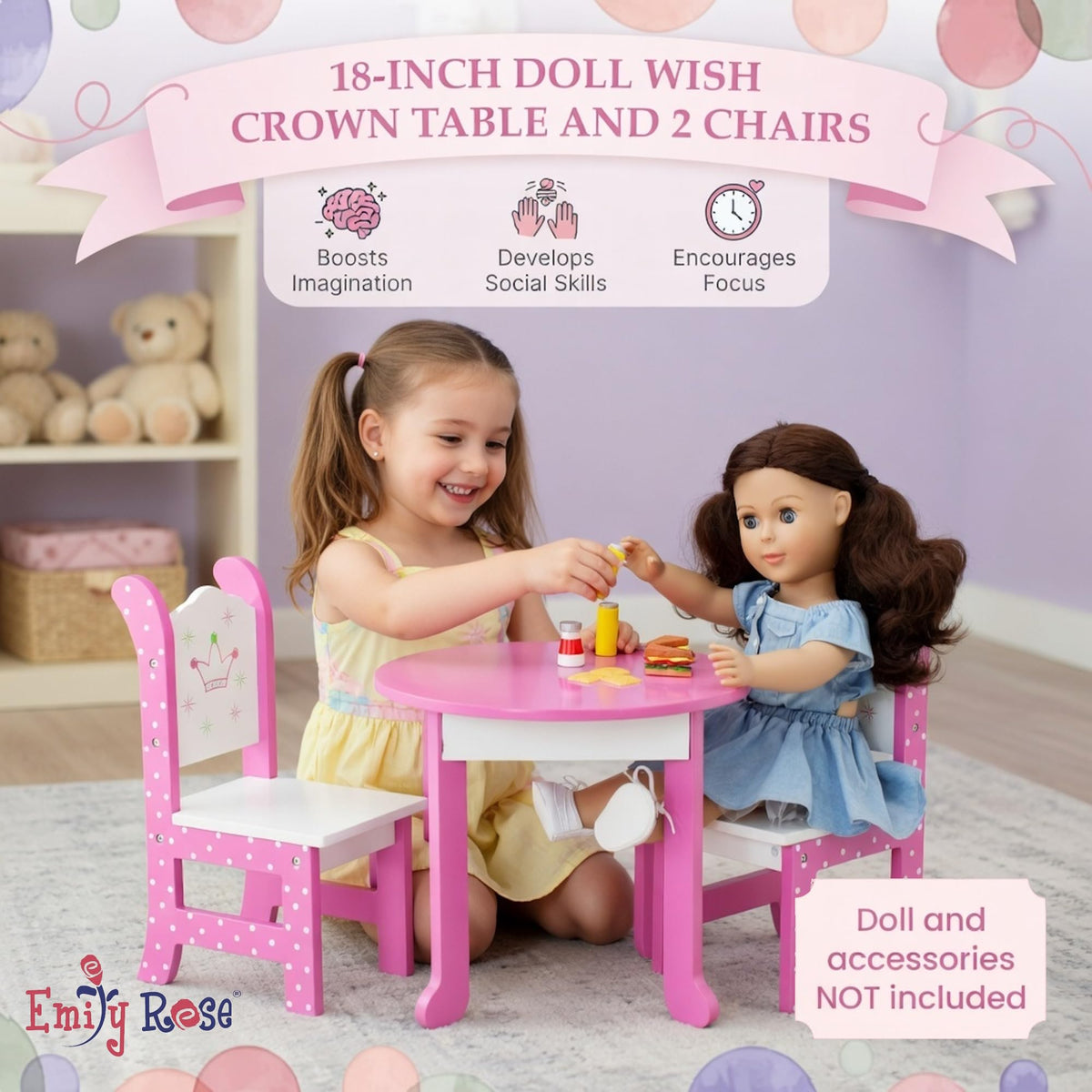 Emily Rose Wish Crown 18 Inch Doll Pink Dining Set Wooden Table & 2 Chairs