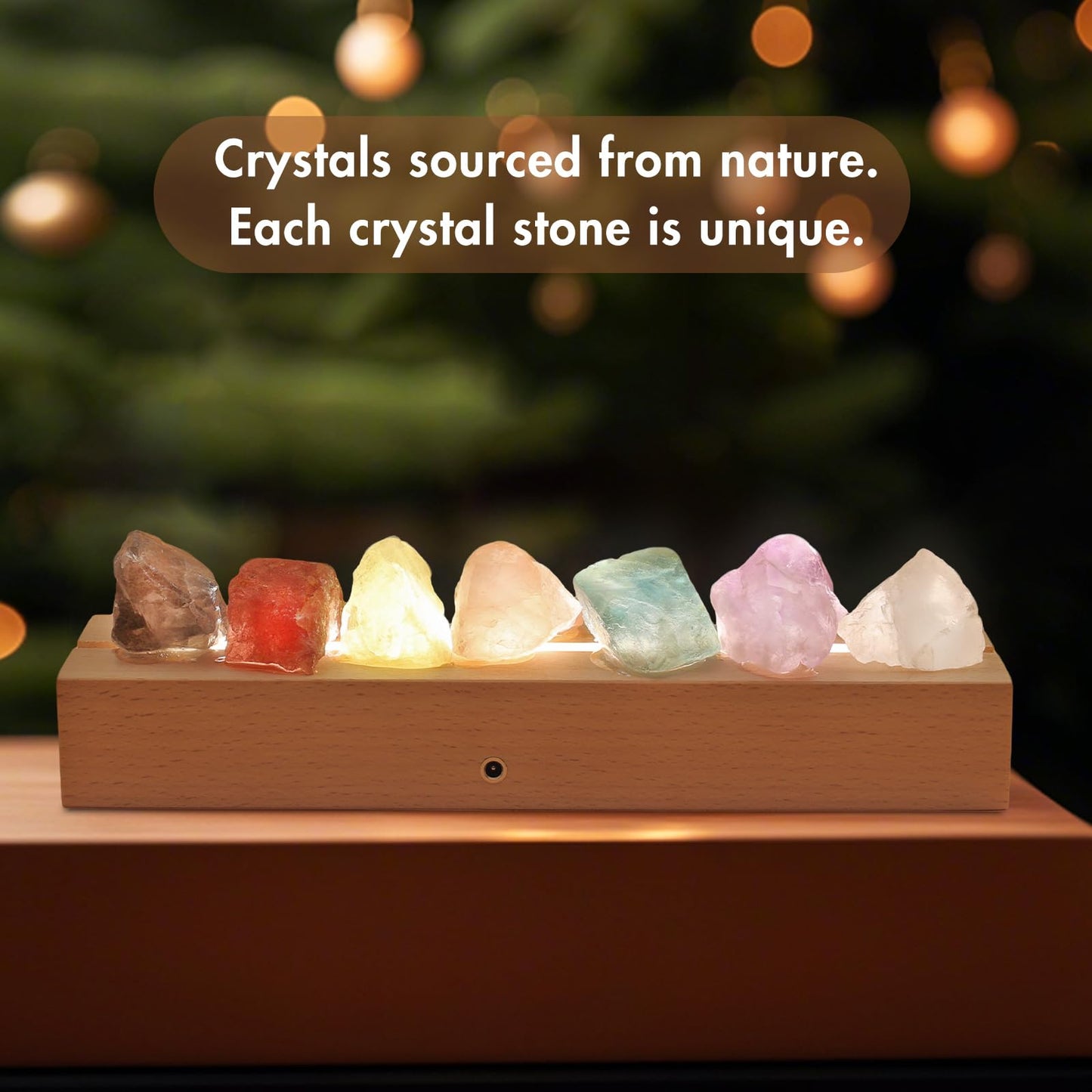 HYAMVOR Healing Crystal Night Light, 7 Chakra Natural Bedside Lamp with Wooden LED Light Base, Healing Stones Positive Energy Night Lights for Home Decor Gifts (Rechargeable)
