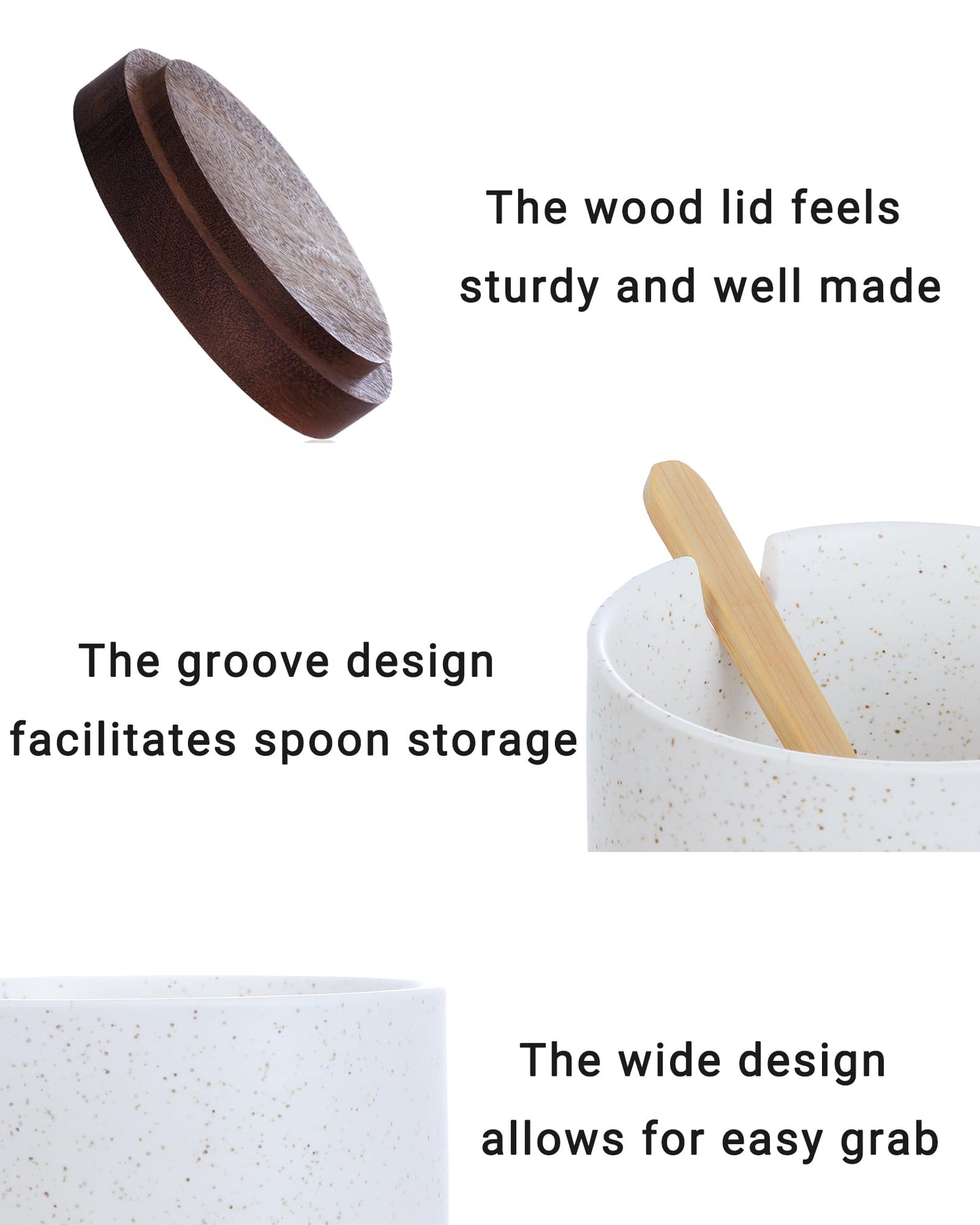 Omifun Ceramic Salt Cellar with Lid and Wooden Spoon, 8 Oz Speckled Salt Holder, Storage Canister for Sea Salt, Pepper, Spices, Herbs and Sugar