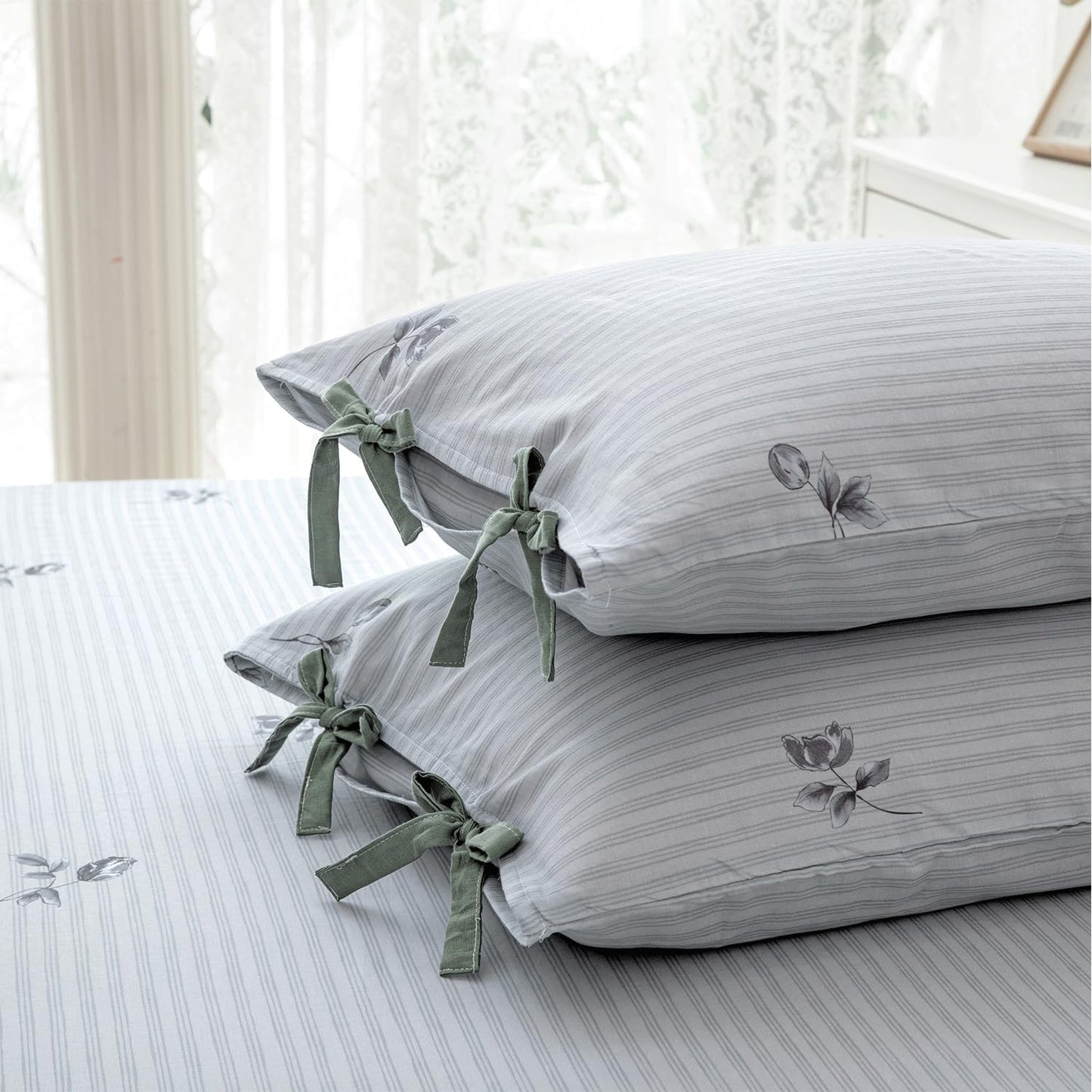 FADFAY 100% Cotton Double Gauze Muslin Sheet Set, Gray Striped Floral Bed Sheets with Bow Tie Detail, Ultra Soft Breathable Cooling Sheets, Deep Pocket Luxury 4 Piece Bedding Set，Twin