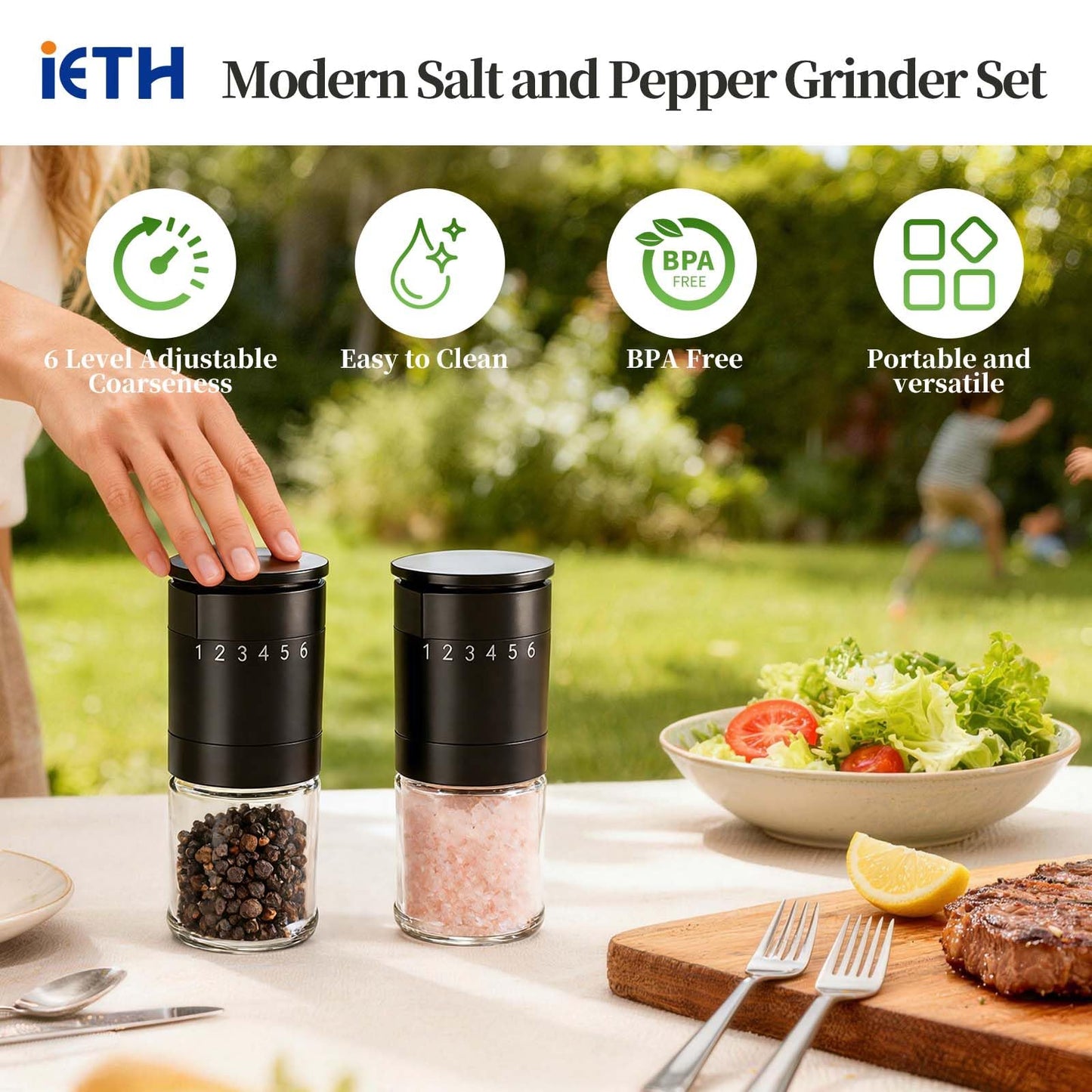 Manual Salt and Pepper Grinder Set, Black Pepper Grinder with Base Cover, 100ml Short Glass Shakers for Peppercorn with 6 Adjustable Coarseness Birthday Gifts for Women Mom
