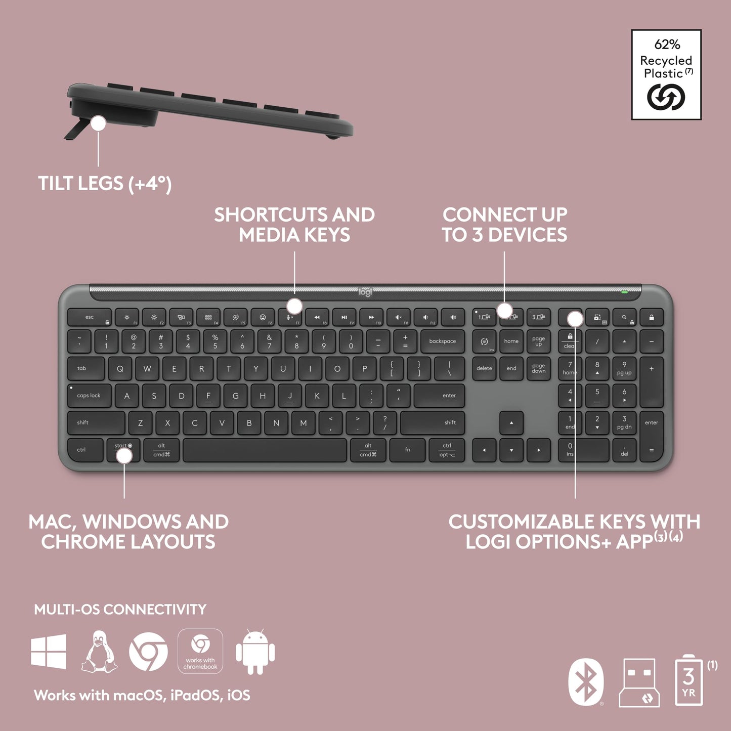 Logitech Signature Slim K950 Wireless Keyboard, Sleek Design, Switch Typing Between Devices, Quiet Typing, Bluetooth, Multi-OS, Windows, Mac, Chrome - Graphite