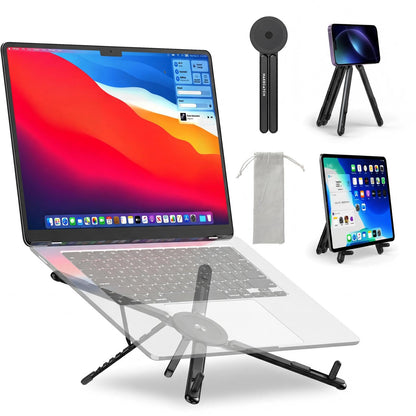 Adjustable Laptop Stand for Desk with Magnetic Phone Holder, MagSafe Compatible Portable Foldable Computer Riser for MacBook, iPhone, iPad, Tablet - Perfect for Office, Home, Traveling (black)
