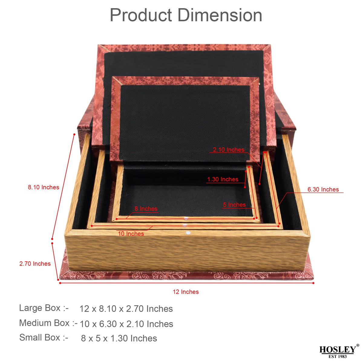 Hosley Farmhouse Memory Book Boxes Set of 3, Red Brown & Gold, Decorative Nesting Storage Boxes 12 10 8 Inch, Faux Leather Keepsake Photo Jewelry Box for Wedding Gift