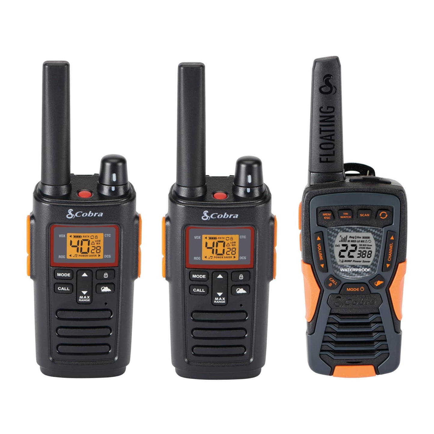 Cobra RX680 Walkie Talkies (2-Pack) - Rugged & Splashproof Two Way Radios Long Range, IP54 Water Resistant Design, 60 Pre-Programmed Channels, Weather Alerts, Included Charging Dock (Black/Orange)