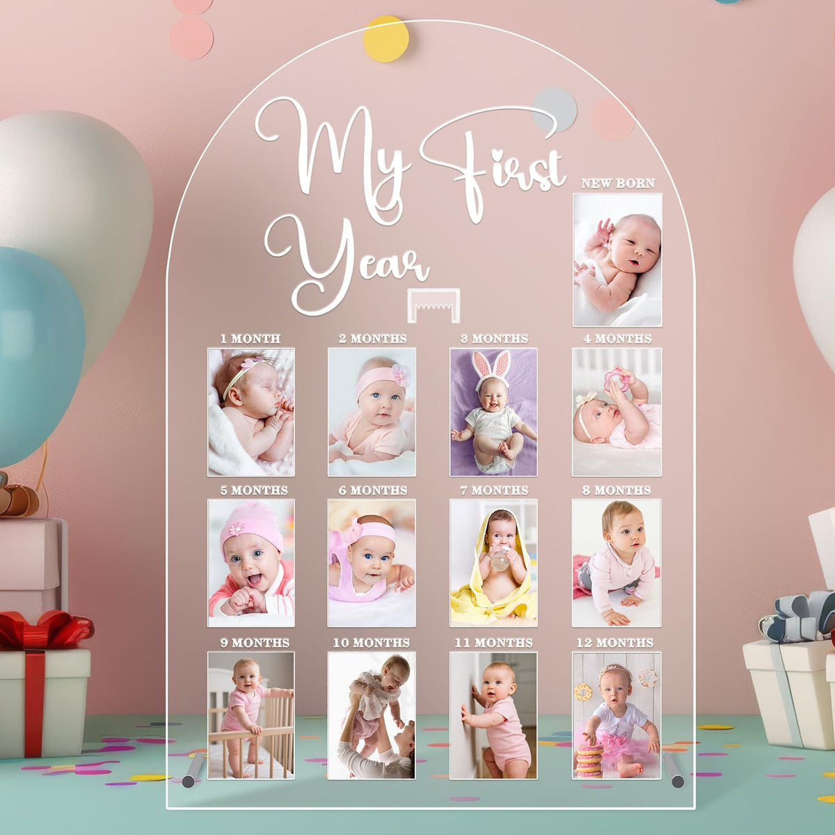 Lineshading My First Year Photo Frame Acrylic 18 x 12 Inch Large 12 Monthly Milestone Photo Board Picture Frame Display Hanging/Standing Baby Memories Collage Gift for 1st Birthday Newborn Keepsake