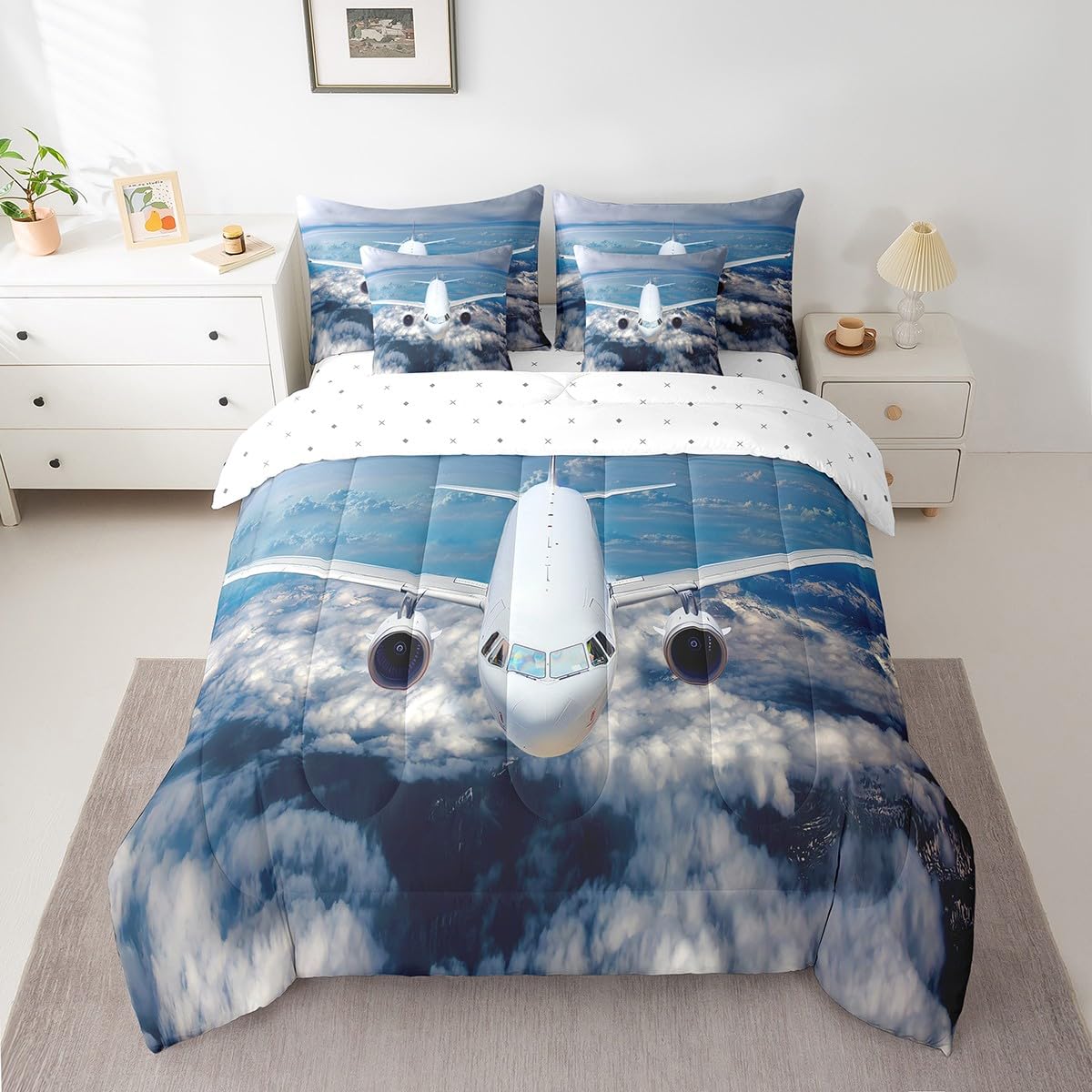 Erosebridal Aviation Aircraft Comforter Set 7 Piece Bed in a Bag Twin,Plane Airliner Bedding Sets Airplane Aeroplane Sheet Set with Comforter